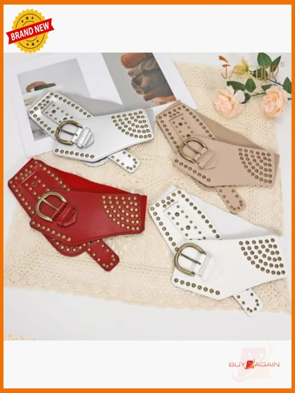 Vintage Wide Elastic Studded Belt with Rivets Metal Buckle - Stretchy Waist